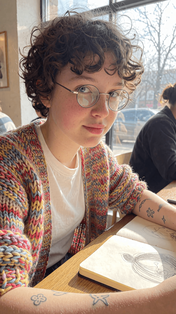 Candid portrait of a woman in a colourful cardigan sketching in a sunlit cafe